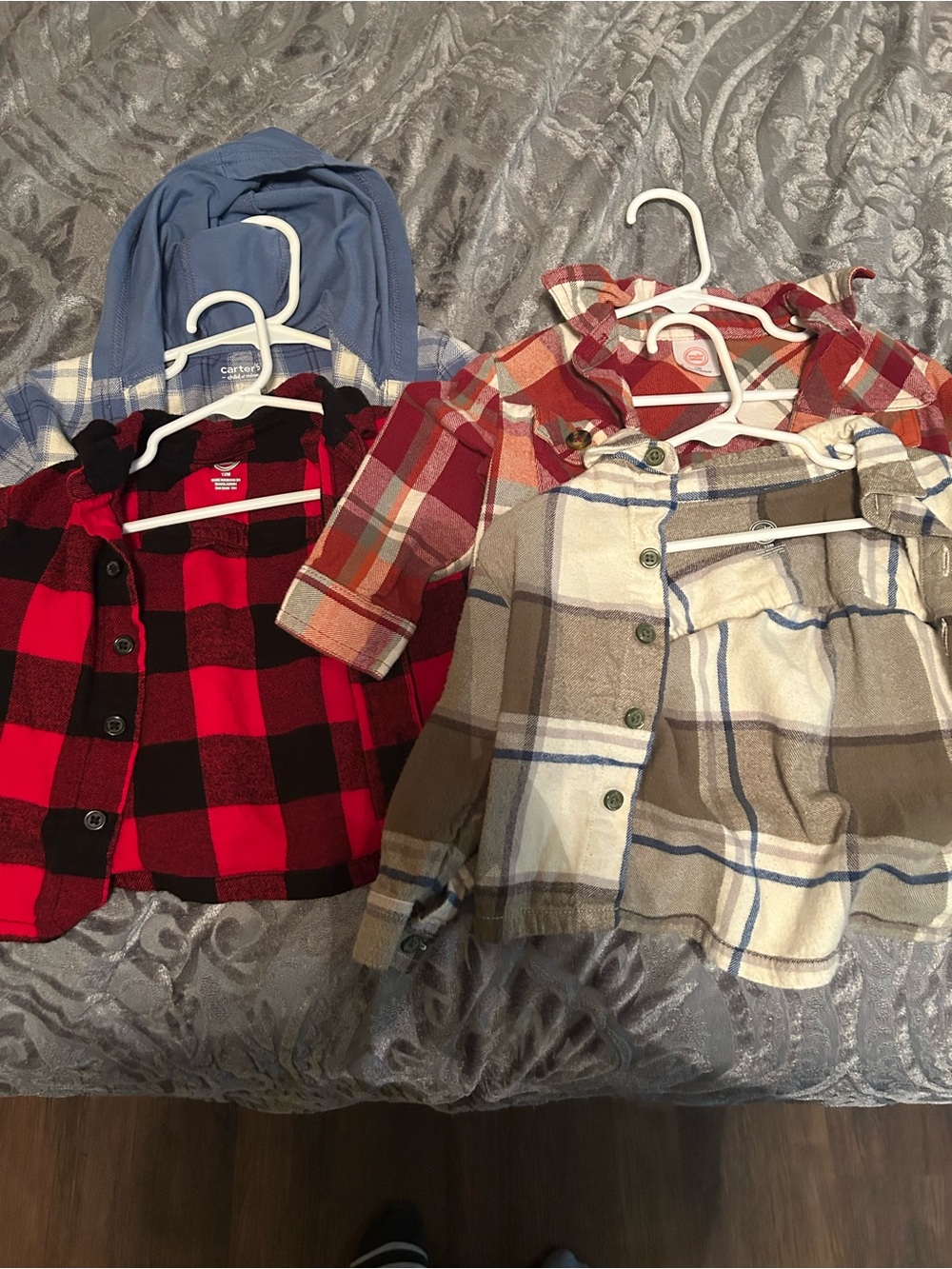Carter's Blue Hoodie and Mixed Plaid Baby Shirt Set - Blue, Red, Tan